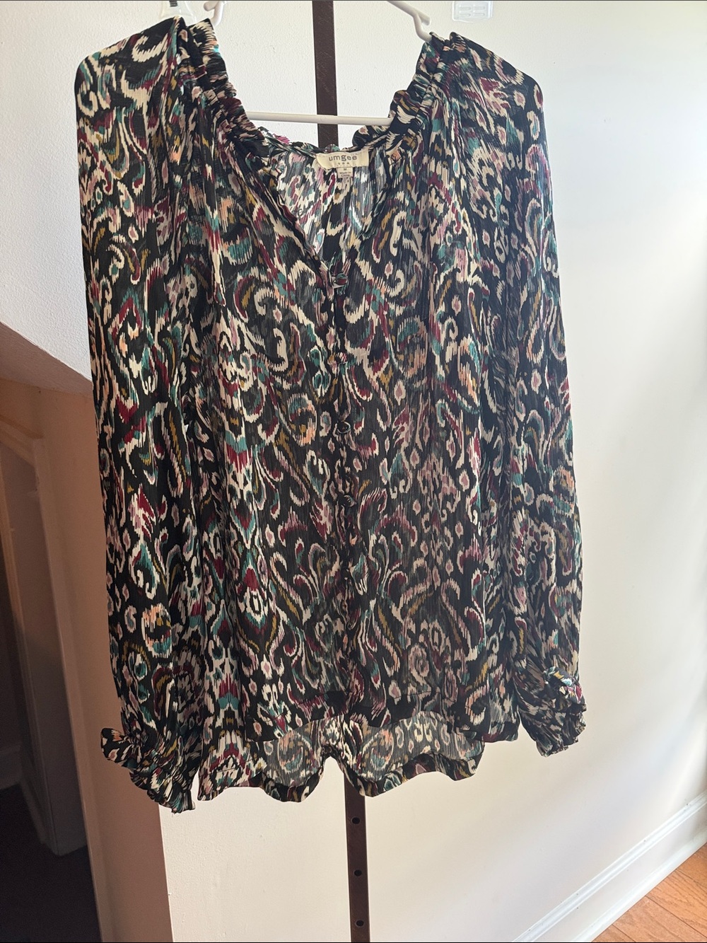 Umgee Black Multi-Print Long Sleeve Blouse